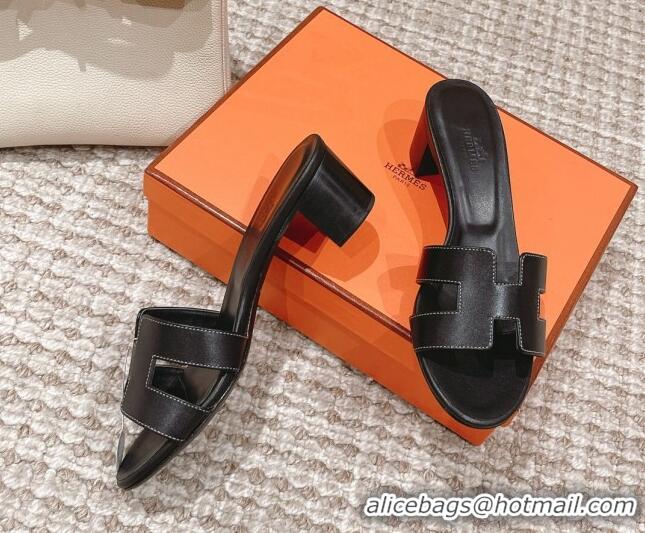 Pretty Style Hermes Classic Oasis Calfskin Heel Slide Sandals 4.5cm Black 530026