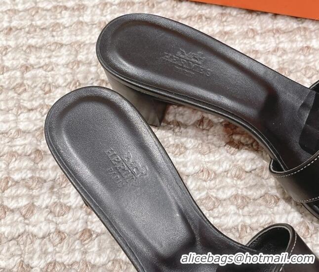 Pretty Style Hermes Classic Oasis Calfskin Heel Slide Sandals 4.5cm Black 530026