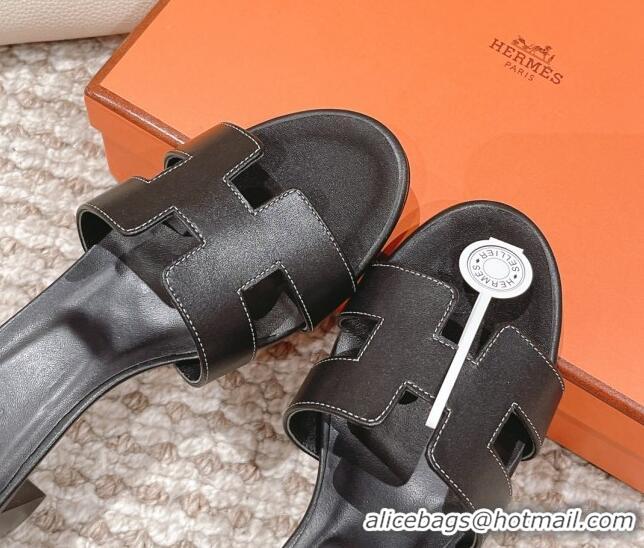 Pretty Style Hermes Classic Oasis Calfskin Heel Slide Sandals 4.5cm Black 530026