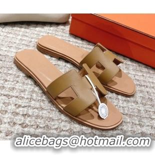 Best Product Hermes Classic Oran Calfskin Flat Slide Sandals Apricot 530028