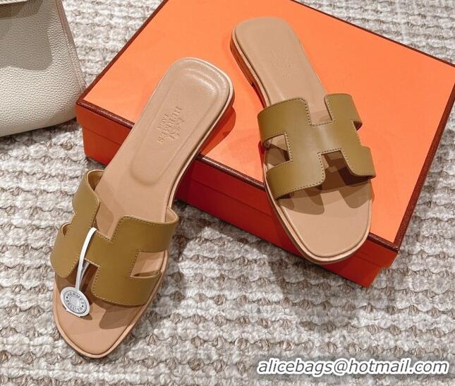 Best Product Hermes Classic Oran Calfskin Flat Slide Sandals Apricot 530028