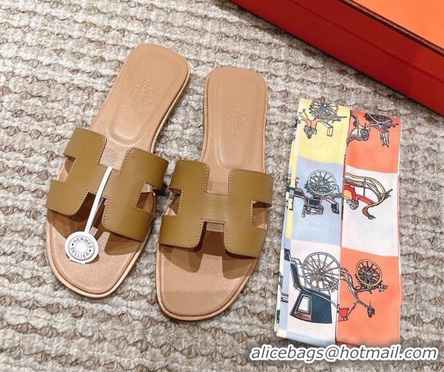 Best Product Hermes Classic Oran Calfskin Flat Slide Sandals Apricot 530028