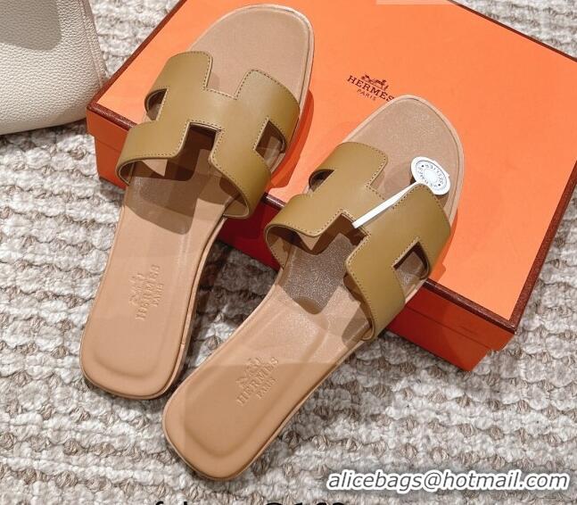 Best Product Hermes Classic Oran Calfskin Flat Slide Sandals Apricot 530028