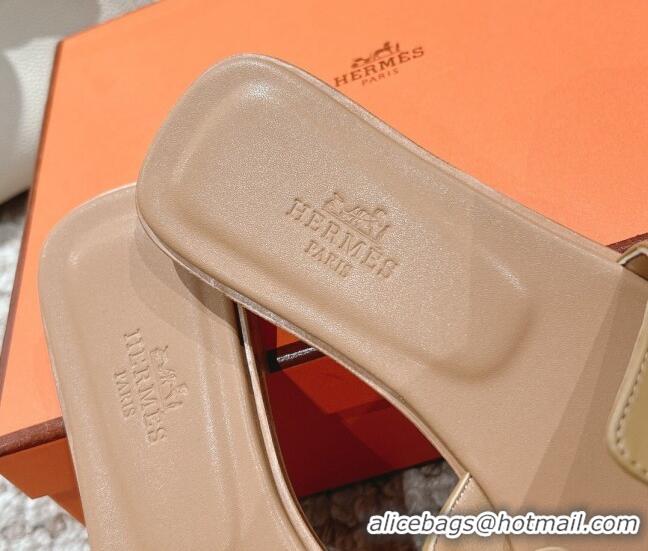 Best Product Hermes Classic Oran Calfskin Flat Slide Sandals Apricot 530028