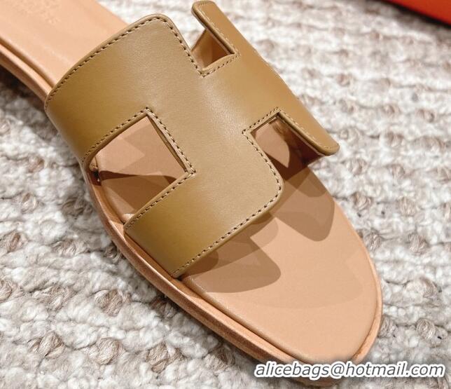 Best Product Hermes Classic Oran Calfskin Flat Slide Sandals Apricot 530028