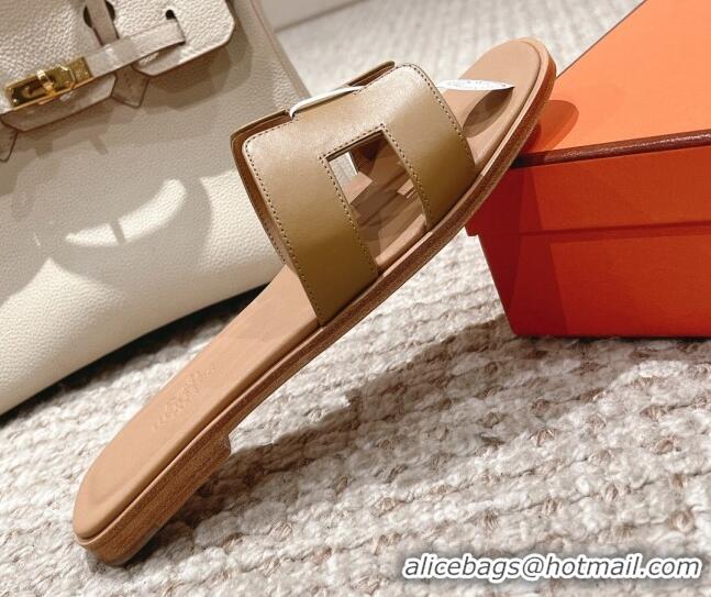 Best Product Hermes Classic Oran Calfskin Flat Slide Sandals Apricot 530028