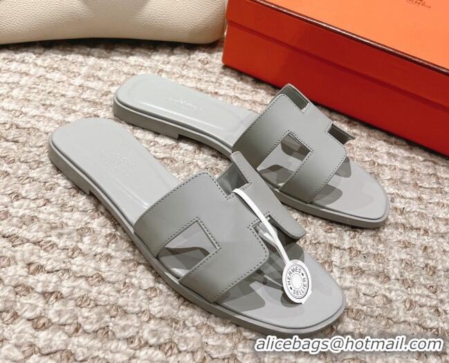 Sumptuous Hermes Classic Oran Calfskin Flat Slide Sandals Pale Grey 530029