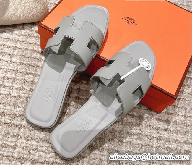 Sumptuous Hermes Classic Oran Calfskin Flat Slide Sandals Pale Grey 530029