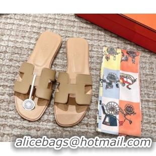 Best Price Hermes Classic Oran Calfskin Flat Slide Sandals Beige 530030