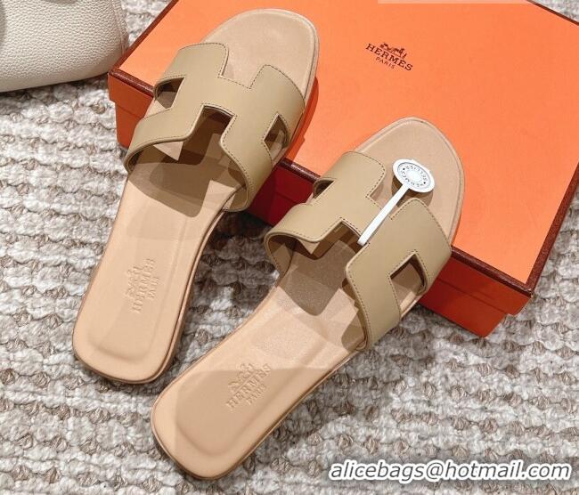 Best Price Hermes Classic Oran Calfskin Flat Slide Sandals Beige 530030