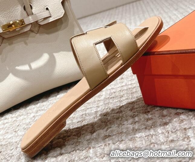 Best Price Hermes Classic Oran Calfskin Flat Slide Sandals Beige 530030