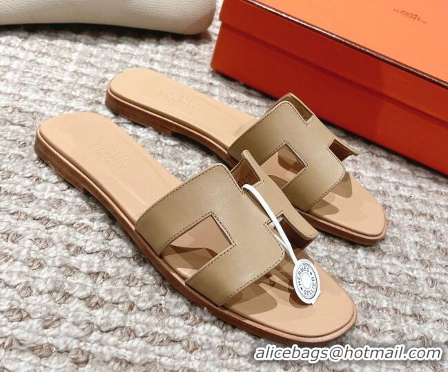 Best Price Hermes Classic Oran Calfskin Flat Slide Sandals Beige 530030