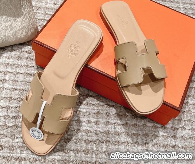 Best Price Hermes Classic Oran Calfskin Flat Slide Sandals Beige 530030