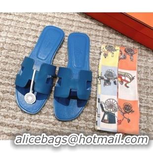 Duplicate Hermes Classic Oran Calfskin Flat Slide Sandals Blue 530031