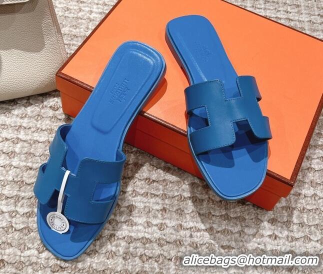 Duplicate Hermes Classic Oran Calfskin Flat Slide Sandals Blue 530031