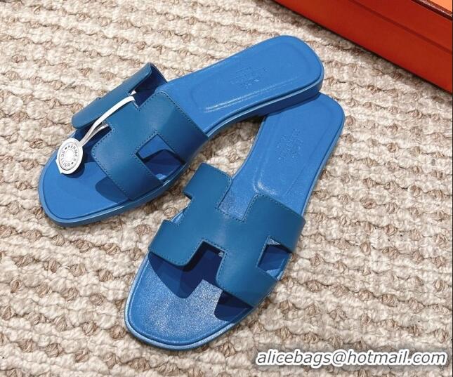 Duplicate Hermes Classic Oran Calfskin Flat Slide Sandals Blue 530031