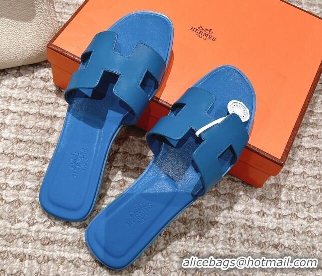 Duplicate Hermes Classic Oran Calfskin Flat Slide Sandals Blue 530031