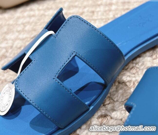 Duplicate Hermes Classic Oran Calfskin Flat Slide Sandals Blue 530031