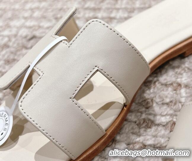 Classic Hot Hermes Classic Oran Calfskin Flat Slide Sandals White 530032