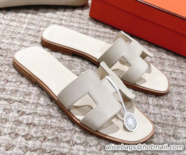 Classic Hot Hermes Classic Oran Calfskin Flat Slide Sandals White 530032