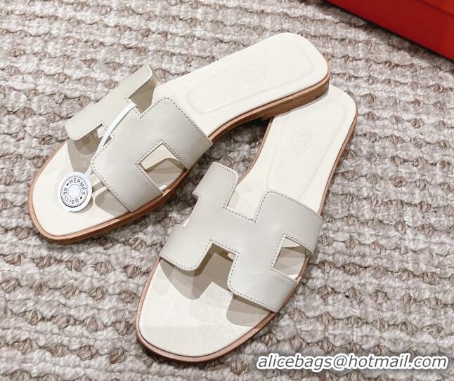 Classic Hot Hermes Classic Oran Calfskin Flat Slide Sandals White 530032