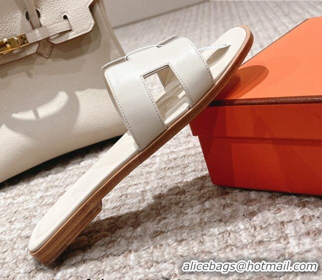 Classic Hot Hermes Classic Oran Calfskin Flat Slide Sandals White 530032