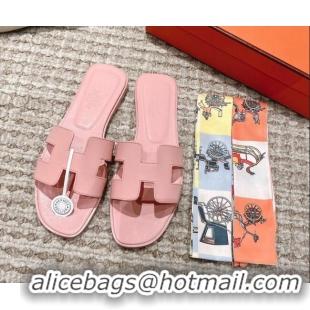 Good Looking Hermes Classic Oran Calfskin Flat Slide Sandals Light Pink 530033