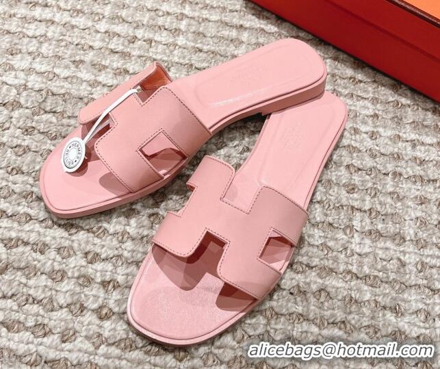 Good Looking Hermes Classic Oran Calfskin Flat Slide Sandals Light Pink 530033