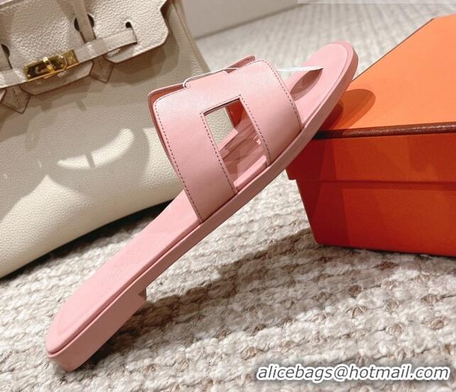 Good Looking Hermes Classic Oran Calfskin Flat Slide Sandals Light Pink 530033