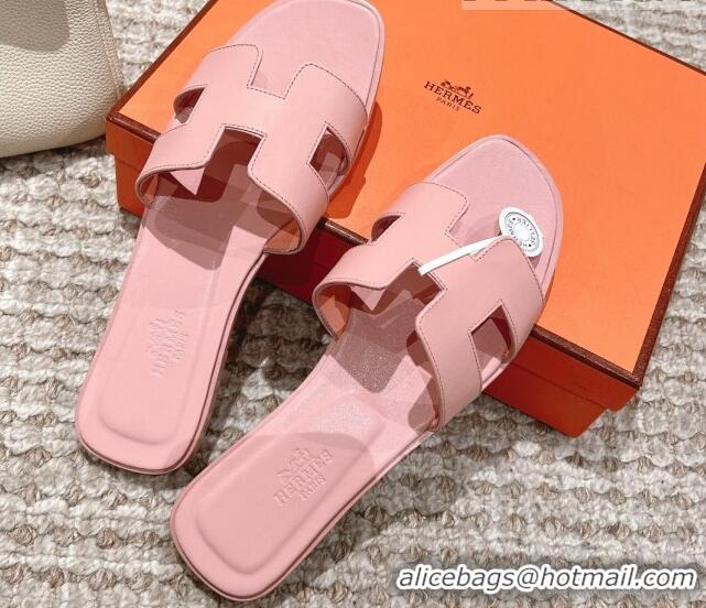 Good Looking Hermes Classic Oran Calfskin Flat Slide Sandals Light Pink 530033