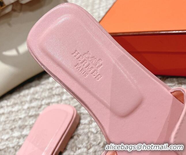 Good Looking Hermes Classic Oran Calfskin Flat Slide Sandals Light Pink 530033