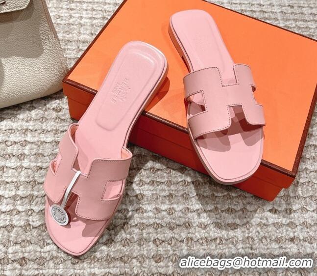 Good Looking Hermes Classic Oran Calfskin Flat Slide Sandals Light Pink 530033