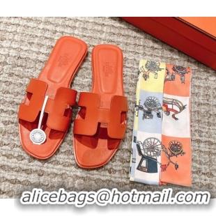 Luxury Hermes Classic Oran Calfskin Flat Slide Sandals Orange 530034