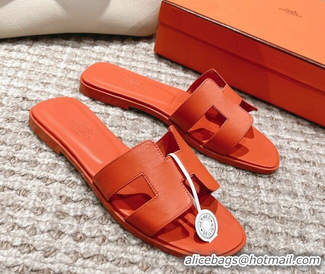 Luxury Hermes Classic Oran Calfskin Flat Slide Sandals Orange 530034