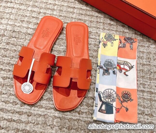 Luxury Hermes Classic Oran Calfskin Flat Slide Sandals Orange 530034