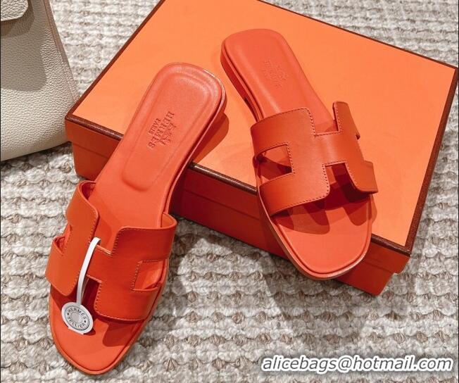 Luxury Hermes Classic Oran Calfskin Flat Slide Sandals Orange 530034