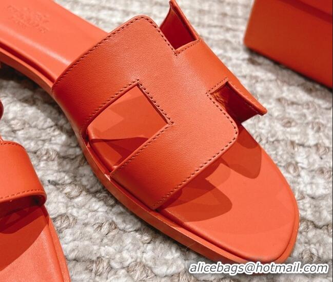 Luxury Hermes Classic Oran Calfskin Flat Slide Sandals Orange 530034