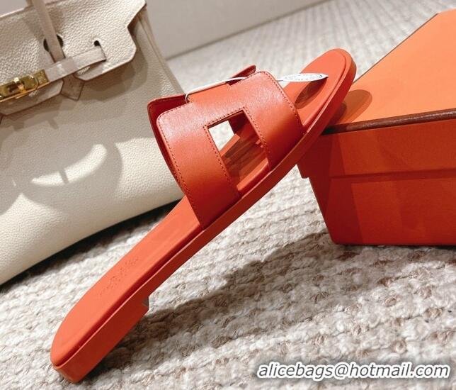 Luxury Hermes Classic Oran Calfskin Flat Slide Sandals Orange 530034