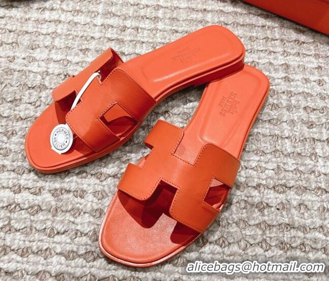 Luxury Hermes Classic Oran Calfskin Flat Slide Sandals Orange 530034