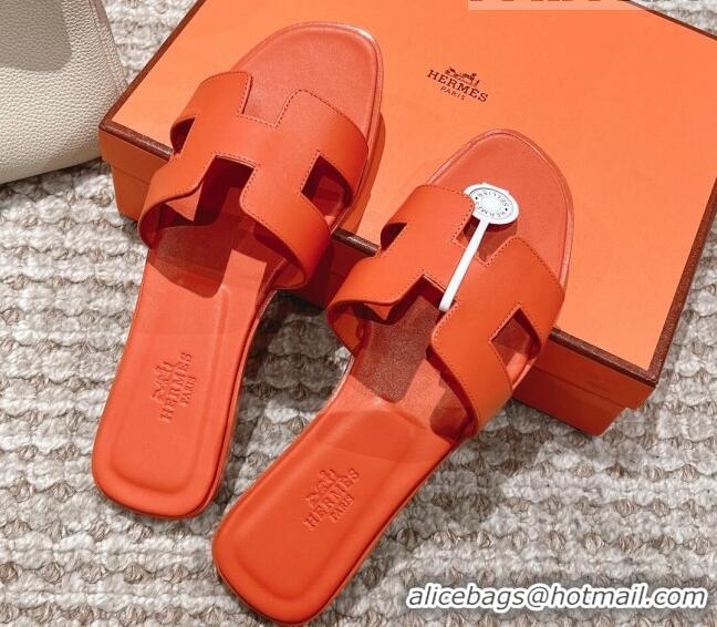 Luxury Hermes Classic Oran Calfskin Flat Slide Sandals Orange 530034