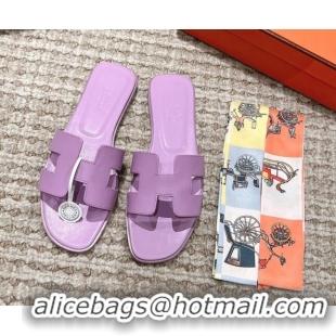 Best Grade Hermes Classic Oran Calfskin Flat Slide Sandals Purple 530035