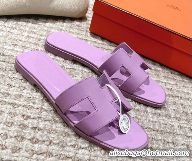 Best Grade Hermes Classic Oran Calfskin Flat Slide Sandals Purple 530035