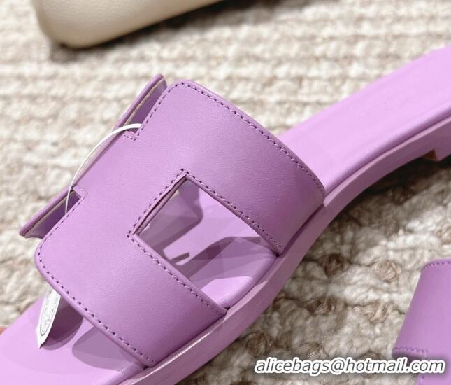 Best Grade Hermes Classic Oran Calfskin Flat Slide Sandals Purple 530035