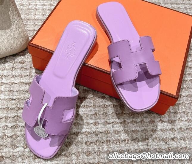 Best Grade Hermes Classic Oran Calfskin Flat Slide Sandals Purple 530035