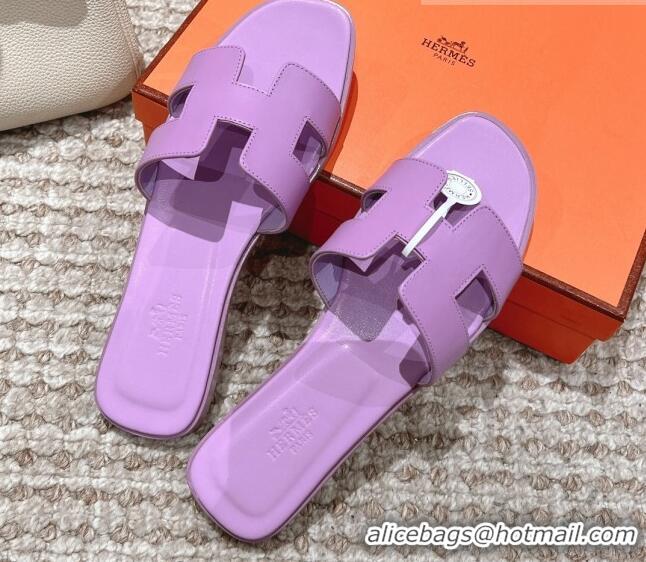 Best Grade Hermes Classic Oran Calfskin Flat Slide Sandals Purple 530035