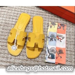 Low Price Hermes Classic Oran Calfskin Flat Slide Sandals Yellow 0530036