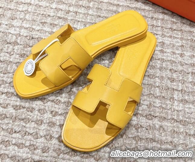 Low Price Hermes Classic Oran Calfskin Flat Slide Sandals Yellow 0530036