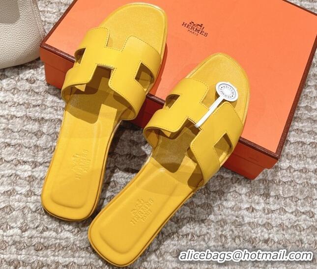 Low Price Hermes Classic Oran Calfskin Flat Slide Sandals Yellow 0530036