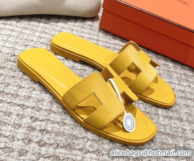 Low Price Hermes Classic Oran Calfskin Flat Slide Sandals Yellow 0530036