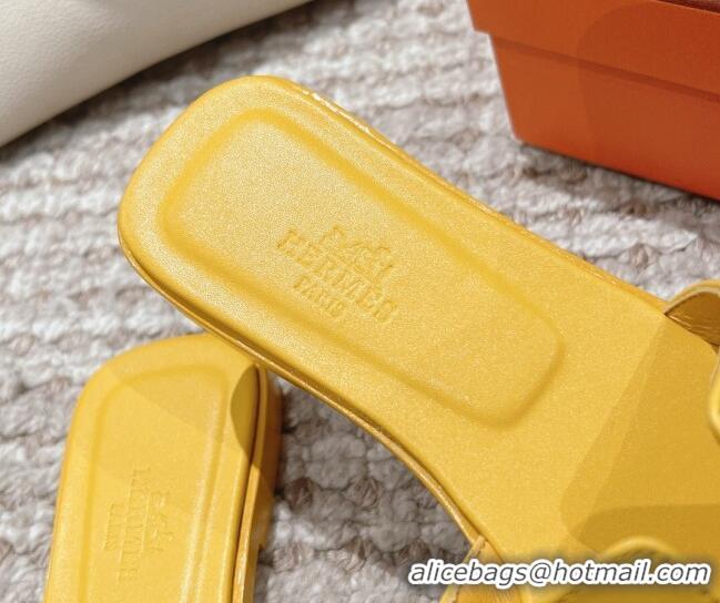 Low Price Hermes Classic Oran Calfskin Flat Slide Sandals Yellow 0530036